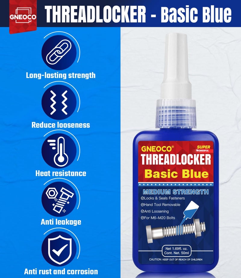 GNEOCO ThreadLocker Blue and Red, Thread Lock Medium and High Strength Lock Tight for Nuts, Bolts, Fasteners and Metals, Anaerobic Curing Metal Glue to Prevent Loosening and Corrosion (Blue and Red 50ml x 2) - Image 2